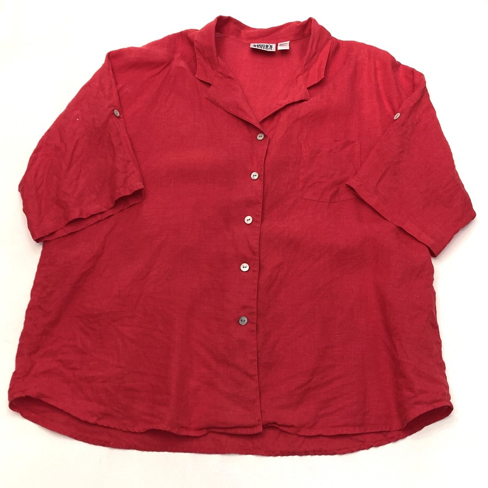 Chicos Design Linen Blouse Top Womens XL Size 3 Red 100% Linen Roll Short Sleeve
